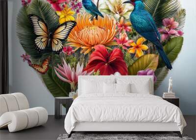 a detailed variety of tropical flowers in full bloom in a heart shape representing love of, and connection with, the environment Wall mural