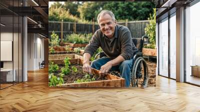 A disabled man in a wheelchair tends his garden Wall mural