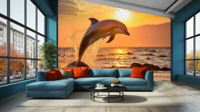 a image beautiful dolphin leaping jumping from shining sunset sea ai generative Wall mural