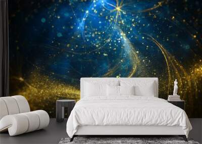 abstract blue and gold background with particles golden dust light sparkle and star shape on dark endless space wallpaper christmas new year s eve cosmos theme shiny fantasy galaxy concept Wall mural