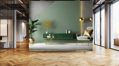 grey green living room lounge area chair with an accent gold table and decor empty painted wall blank as background modern interior design room home or hotel 3d rendering Wall mural