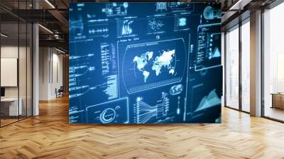 3D blue futuristic high tech elements - world map information HUD with hologram displays. Business, military or space analysis concept. 3D rendering Wall mural