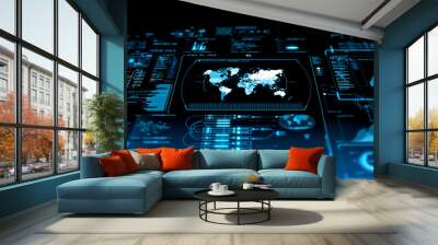 3D blue futuristic high tech elements - world map information HUD with hologram displays. Business, military or space analysis concept. 3D rendering Wall mural