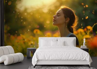 A beautiful young woman practicing meditation in nature Wall mural