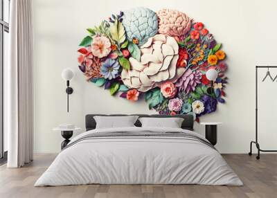 A brain made of flowers. Concept of a clean, beautiful, open mind. Created with Generative AI technology. Wall mural