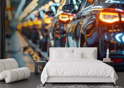 A car production line with cars on the assembly belt in the factory Wall mural