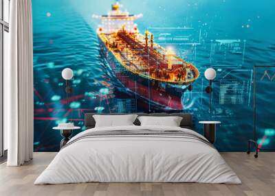 A cargo ship with digital technology symbols floating around it. Concept of global trade or remote monitoring. Wall mural