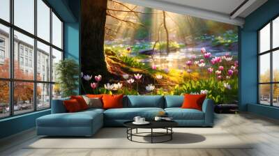 A forest with green trees and flowers in spring, green unspoiled nature concept Wall mural