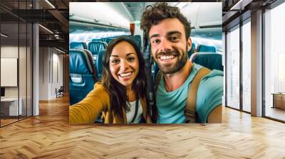 A happy young couple taking selfies in a plane while going on vacation Wall mural