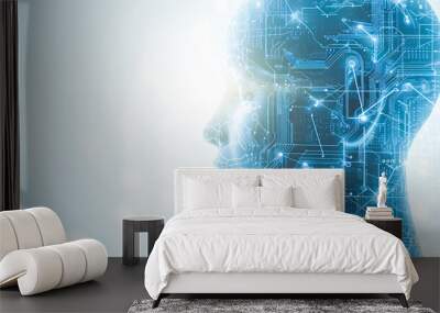 A human head over intricate circuitry. Artificial intelligence and human-computer integration concept. Wall mural