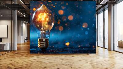 A light bulb glowing with light particles around, concept of innovation and technology idea or business strategy Wall mural