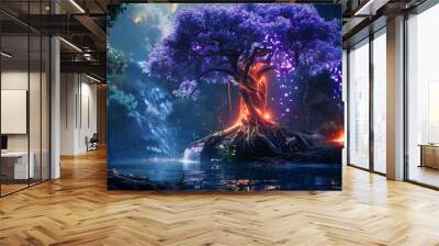 A magical tree of life with glowing leaves standing on the edge of an enchanted lake Wall mural