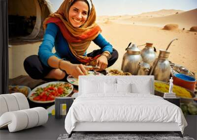 A smiling young Arab woman cooking traditional food in the desert. Created with Generative AI technology. Wall mural