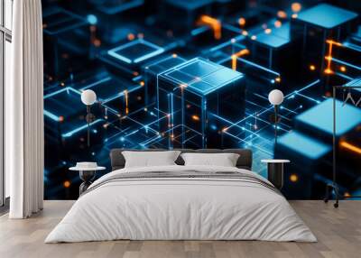 Abstract blue data cube blocks Wall mural