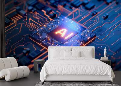 Abstract futuristic AI chip on a circuit board background, high tech and artificial intelligence concept Wall mural