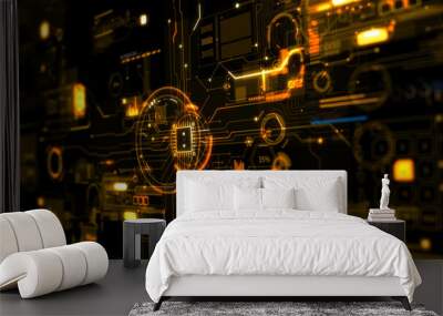 Abstract futuristic device. Orange and yellow digital hi-tech elements on a circuit board around CPU. Depth of field settings. 3D rendering Wall mural