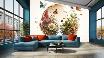 Abstract illustration of a glass globe with ground, water, green grass and flowers growing from inside, surrounded by butterflies. Created with Generative AI technology. Wall mural