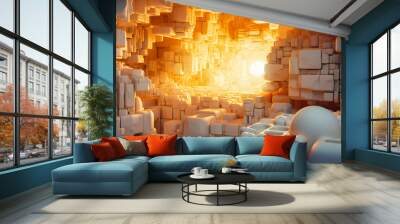 Abstract three dimensional white cube scene illuminated in orange light Wall mural