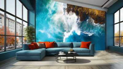 Aerial view of ocean waves crashing on the shore. Created with Generative AI technology. Wall mural