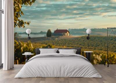 Beautiful countryside winery landscape with a cottage in a distance Wall mural