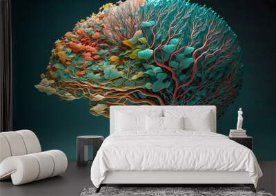 Colorful tree in the shape of a brain. Created with Generative AI technology. Wall mural