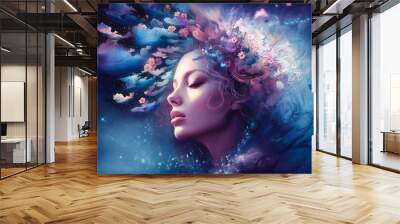 Creative fantasy portrait of a girl surrounded by flowers and clouds. Concept of dream, meditation, transcendent conscience and creative mind. Created with Generative AI technology. Wall mural