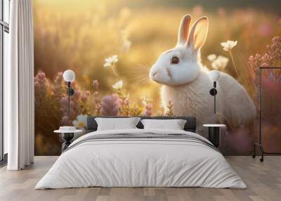 Cute rabbit among wild flowers in a sunny morning with sun behind. Fictional illustration. Created with Generative AI technology. Wall mural