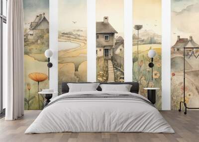 Different watercolor bookmarks, with beautiful rural landscapes. Created with Generative AI technology. Wall mural