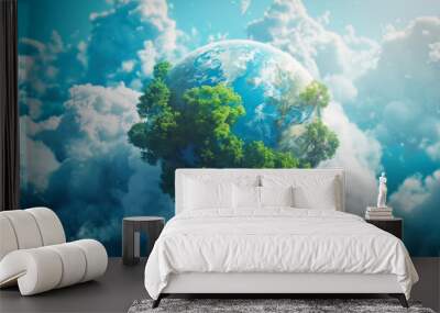 Earth planet with intricate trees on it, suspended among volumetric clouds Wall mural