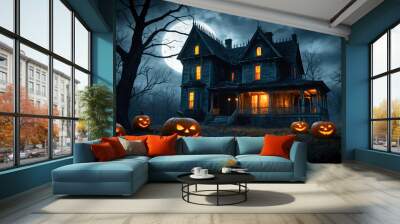 Eerie atmospheric scene of a hounted house. Halloween theme. Wall mural