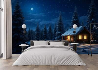 Idyllic log cabin in the forest in the evening, winter scene Wall mural