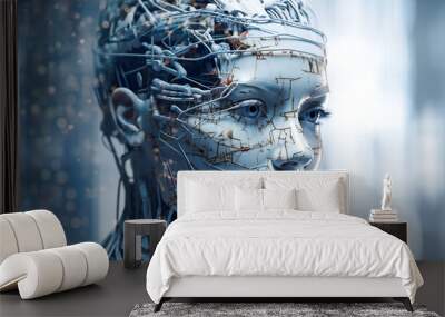 Illustration of a beautiful female android head. Robotic and artificial intelligence concept. Created with Generative AI technology. Wall mural