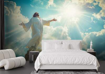 Jesus standing with rays and clouds in the background, cinematic scene Wall mural