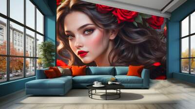 Portrait of a beautiful young woman with red roses in her hair Wall mural