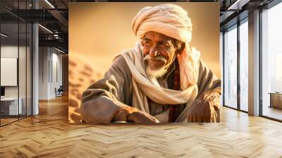 Portrait of a smiling Bedouin man in the desert. Created with Generative AI technology. Wall mural