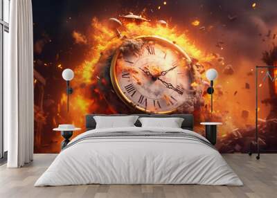 Retro clock with explosions behind it, time running out concept Wall mural