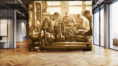 Vintage sepia image of workers in an industrial factory Wall mural