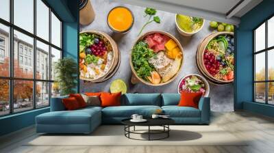 healthy take away food and drinks in disposable eco friendly paper containers on gray background top view fresh salad soup poke bowl buddha bowl fruits coffee and juice generative ai Wall mural