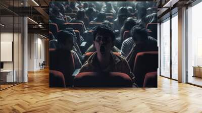 Large movie theater with seats full of people. In the middle a scared man watching a horror movie. Wall mural