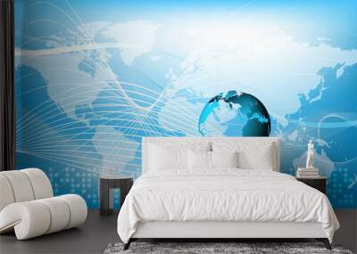 2d illustration of the world map with the globe on blue background Wall mural