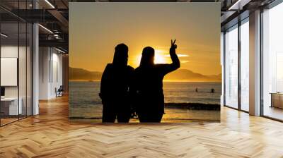 portrait two girls on beach, and golden sunset view background from NSW, Australia, Sydney 2018 Wall mural