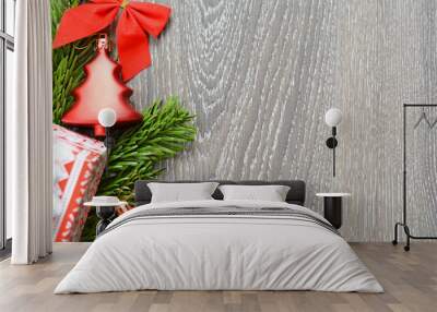 Christmas greeting background with tree decoration objects Wall mural