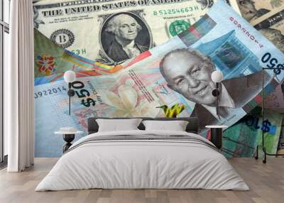 50 Bahamian dollar (BSD) bill surrounded by US dollar bank notes  Wall mural