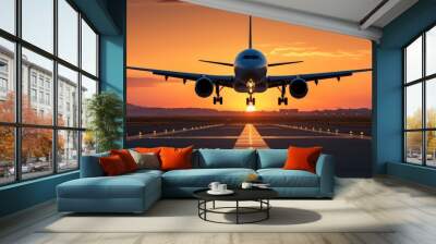 A large jetliner taking off from an airport runway at sunset or dawn with the landing gear down and the landing gear down, as the plane is about to take off. Wall mural