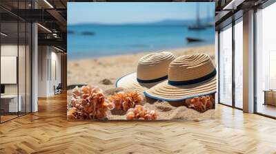 A pair sun hat resting on the sand Wall mural