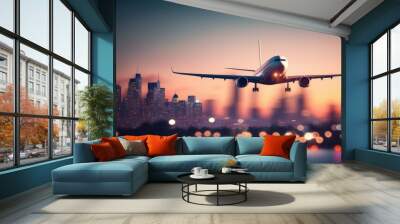 Airplane In Flight At Twilight With Blurred Cityscape. Generative AI Wall mural