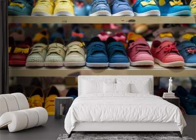 Assorted children tennis shoes for sale at a department store shoes section Wall mural