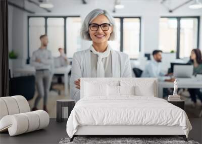 Attractive businesswoman woman posing at her work place with coworkers in the background. Generative AI	
 Wall mural