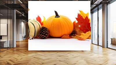 Autumn leaves and gourds, pumpkins patch on white background banner Wall mural