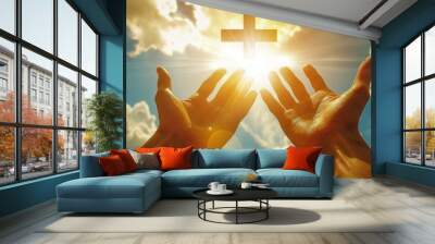 backlit image of a believer hands to heaven worshiping the cross Wall mural